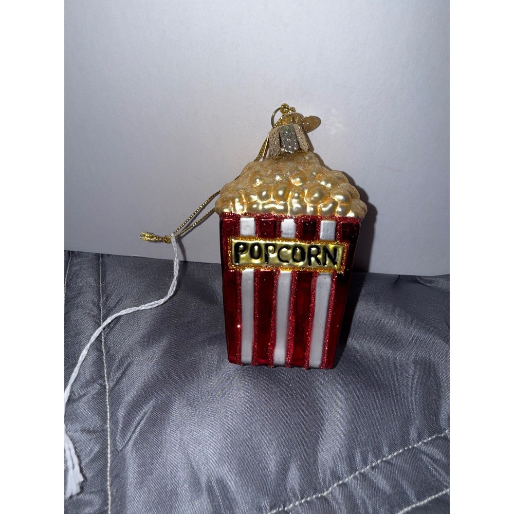Glass Popcorn Bucket Christmas Ornament Red White Striped Glitter Movie Theme